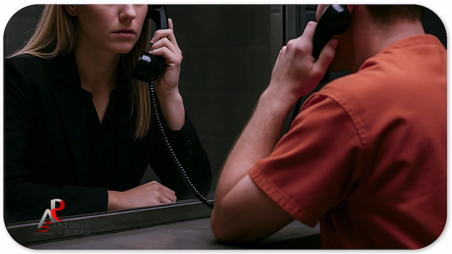 Advogada conversando com cliente preso no parlatório.