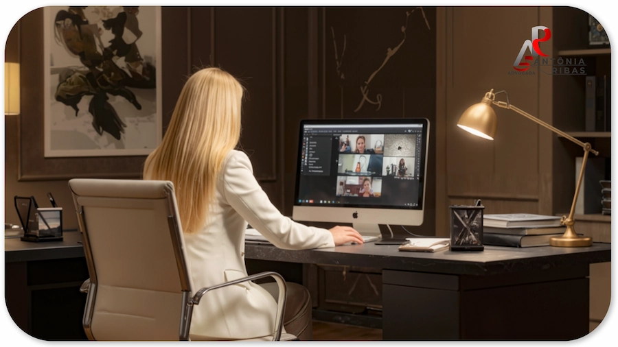 Advogada realizando atendimento online de consultoria preventiva criminal via videoconferência.