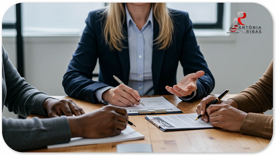 Advogada em reunião de consultoria preventiva criminal com clientes.